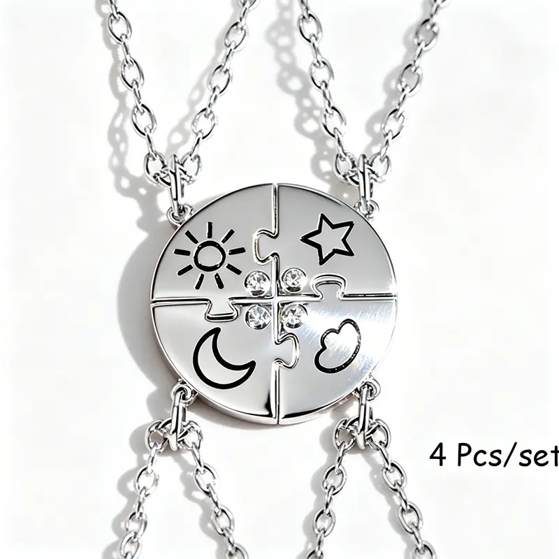 Women's 4-Piece BFF Assorted Necklaces Set - Sun, Moon, Star, Cloud Bling Pendants, Elegant Rhinestone Necklace, Casual Indoor Recreation Exquisite Jewelry Gift, Birthday Gift Jewelry for Best Friends