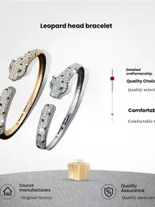 1pcs Zircon Leopard Bracelet, Open Cuff Animal Jewelry, Trendy Luxury Copper Gold Plated Blue Quartz Stone, Hot Selling Accessory