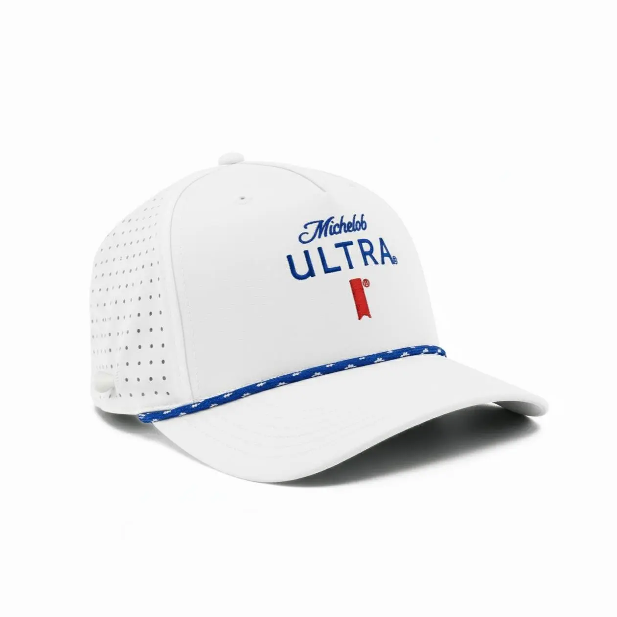 Michelob Ultra Rope Golf Club Hat White Colorway Adjustable Snapback with Blue Embroidery & Blue Rope Detail for Unisex Streetwear