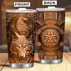20oz Viking-Themed Stainless Steel Tumbler - Double Wall Insulated Travel Mug for Hot & Cold Drinks, Intricate Wolf & Celtic Knot Design, Perfect Gift for Birthdays, Christmas, Valentine’s Day