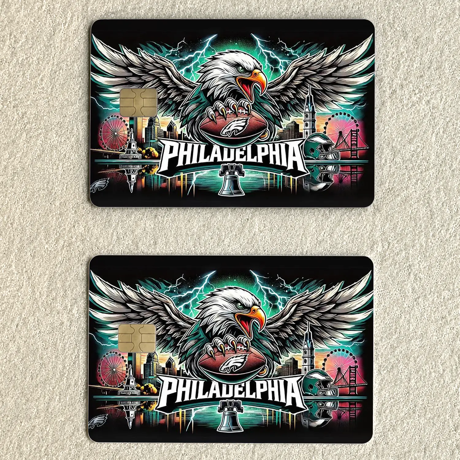 Philadelphia Eagles Football Card Skin, Eagle City Skyline Design, Green Black Game Day Debit Credit Card Sticker, Football Fan Card Cover