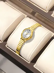 Vintage Ladies Quartz Watch, Fashionable Analog Watch, Elastic Strap, Reliable Easy Wear, Perfect Gift, Geometric Design, Oval Face, Metal Case, All Seasons