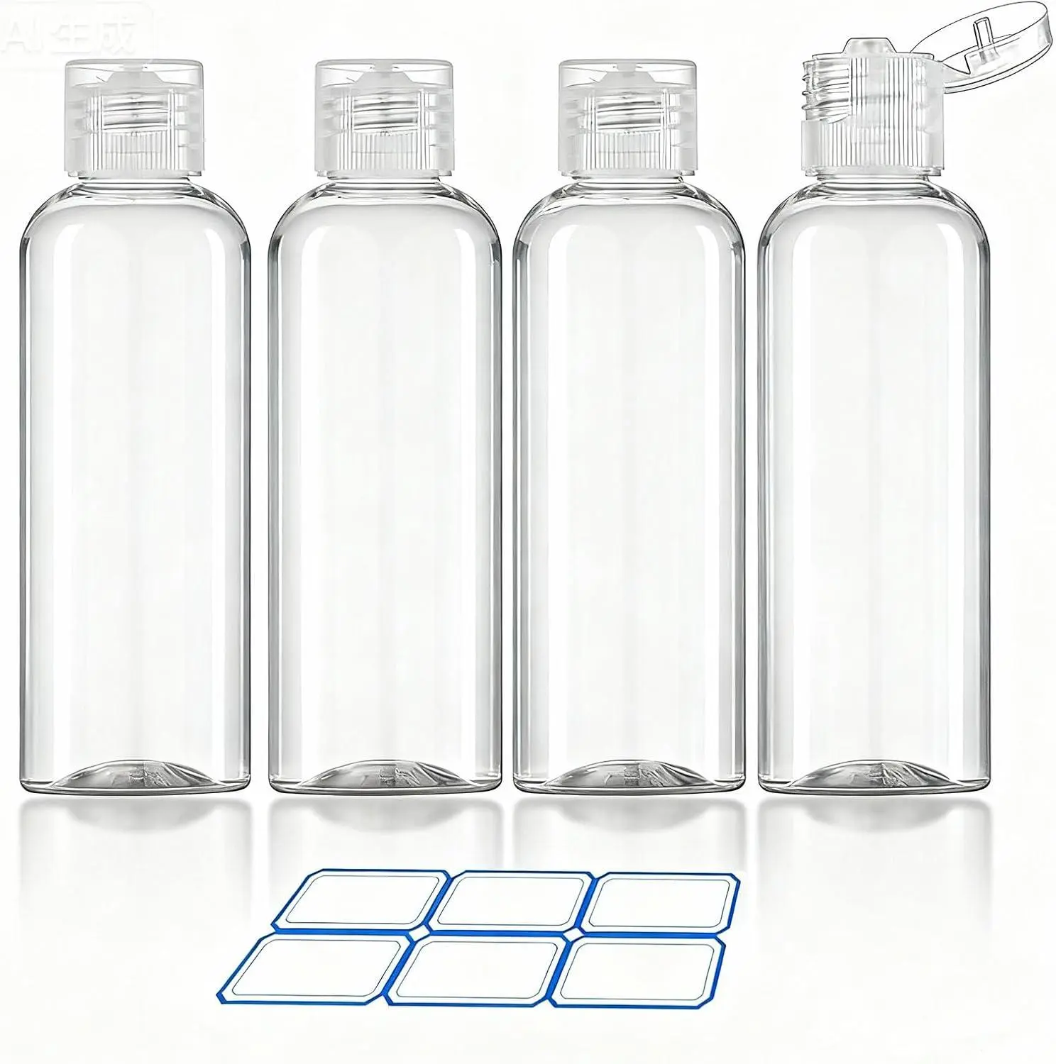 DTDNZKN 4-Pack Round Lightweight 3.4 Oz (100Ml) TSA-Approved Flip Cap Decant Mini Pocket Multi-Use Reusable Plastic Travel Toiletry Decant Storage Bottles with Labels for Home Organization, Decant Storage Bottles & Jars, Flip Cap Storage Bottles & Jars