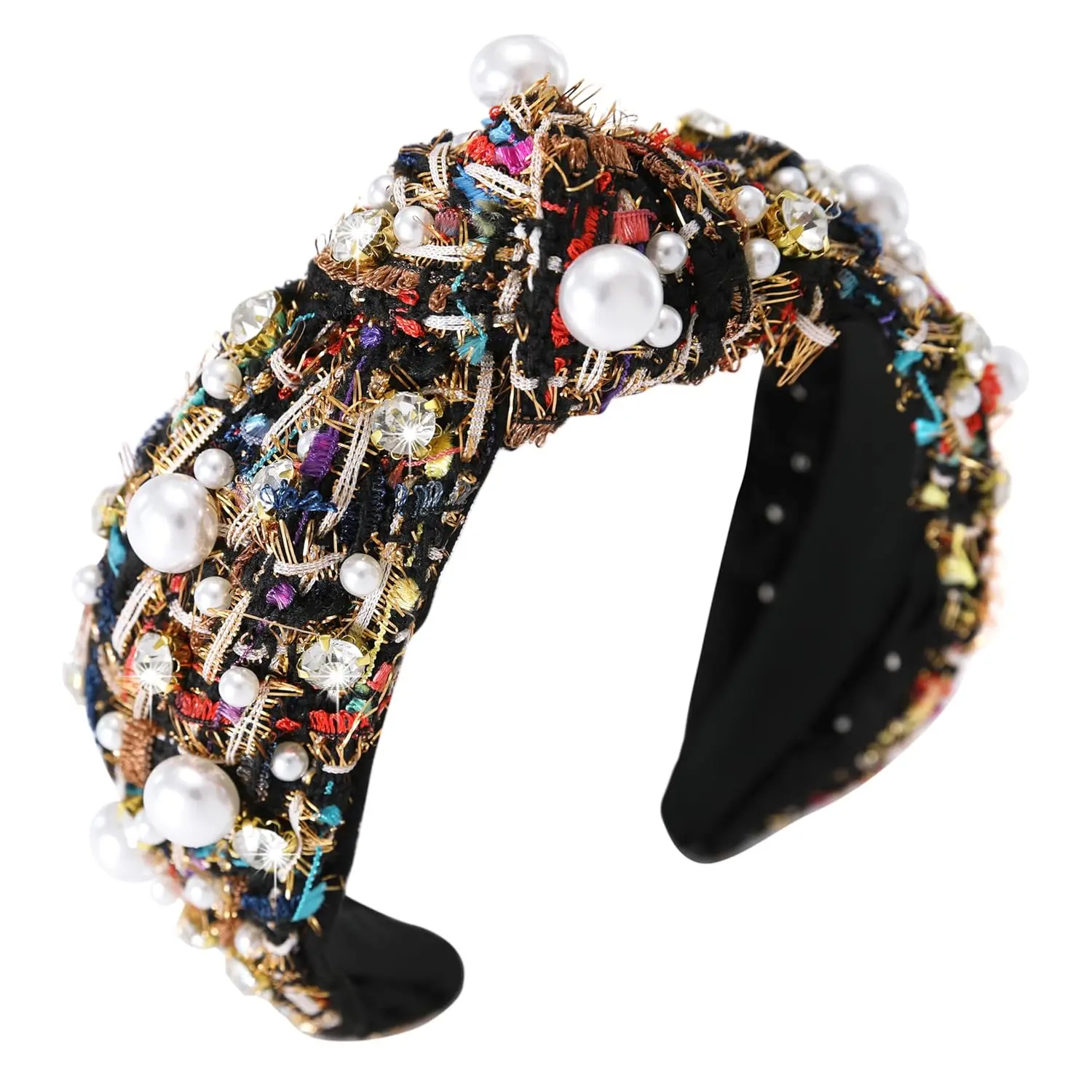Women's Pearl Rhinestone Tweed Headband, Wide Knotted Plaid Vintage Embellished Chic Headband for Engagement, Ceremony, Evening, Casual Fashion Hair Accessories