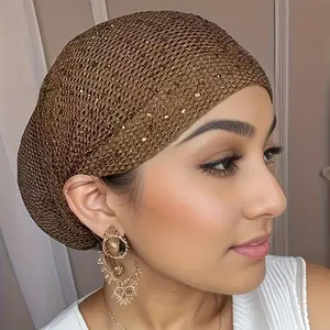 Elegant Rhinestone Hair Cap Women's Accessory Soft Stretchy Breathable Lightweight Knitted Polyester Cap with Drawstring Urban Easter Theme Non Electrified Elastic Feather Free for Daily Wear and Outdoor Activities