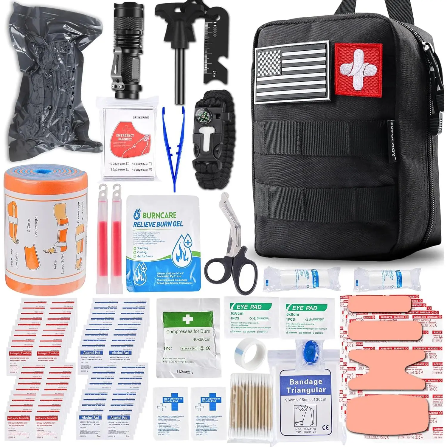 115-Piece Trauma First Aid Kit Set with 36" Splint, Israeli-Style Compression Bandage, Glow Sticks, Wound Care Supplies, Medical Gauze, Compact Multi-Tools, Outdoor Survival Emergency Bag for Car, Home Emergency Prep