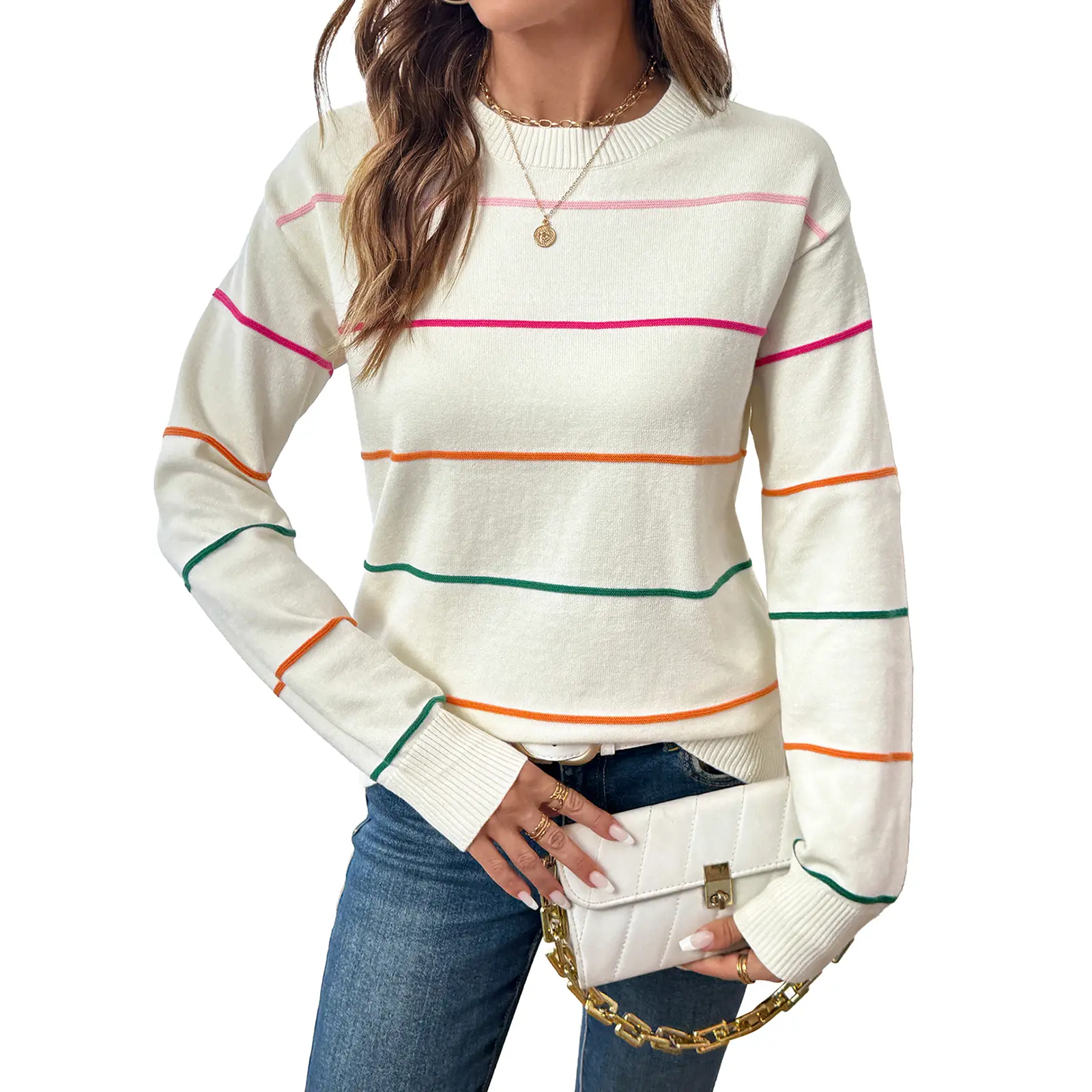 Shewin Women's Knitwear Pullover, Casual Colorful Striped Style, Oversized Long Sleeve Crew Neck Polyester Top,back to school,back to school shopping, Women's Tops, Sweaters,clothes for back to school,first day of school outfits