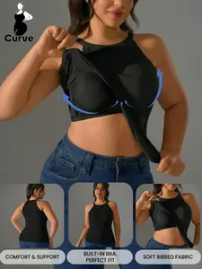 Plus Size Women's Sleeveless Sports Padded Tank Tops, Soft Skin-Friendly High Elasticity Wide Shoulder Straps, Yoga Gym Workout Shirt, All Season Wear