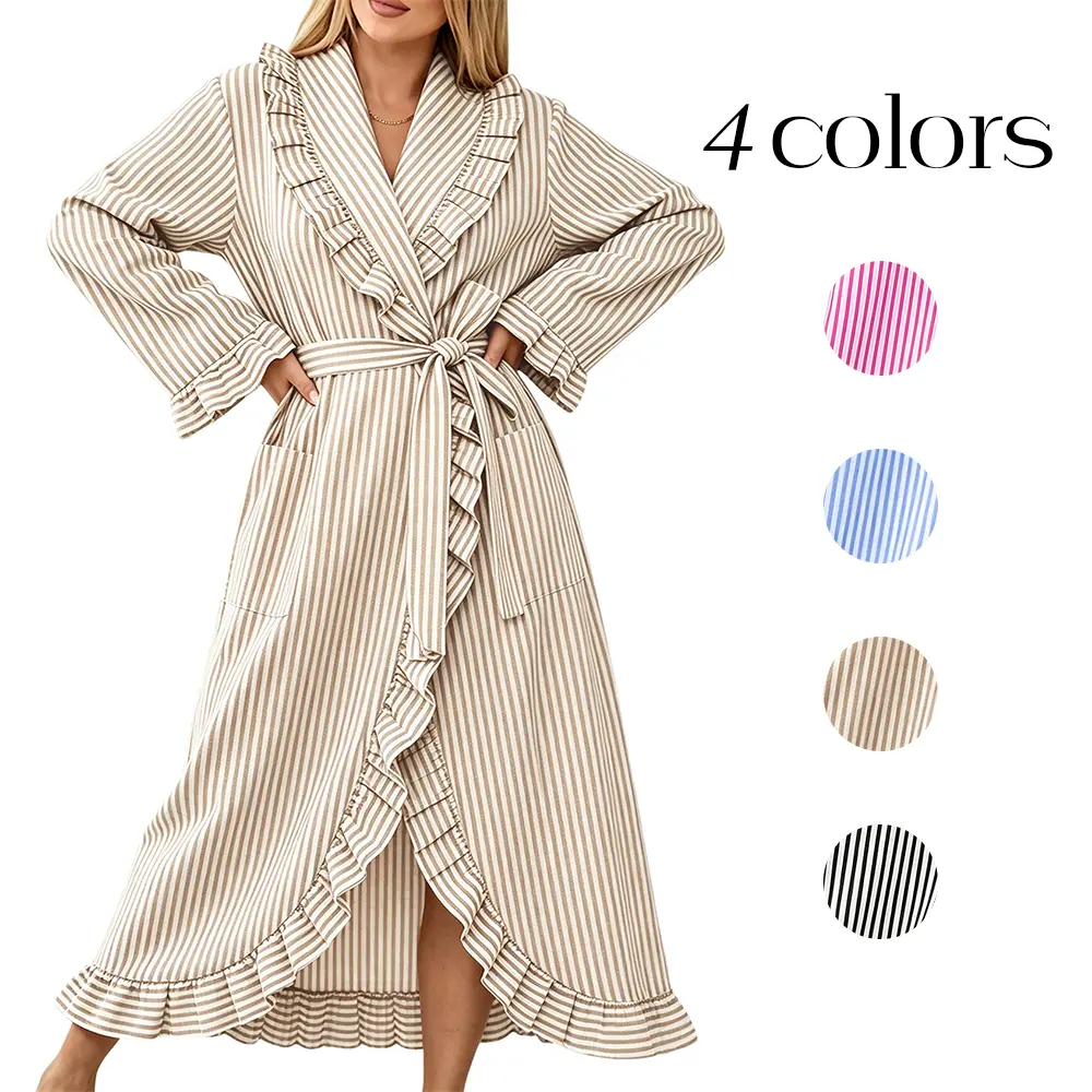 Yimoon Cotton Robes Women Striped Ruffle Long Bathrobe Cute Sleepwear