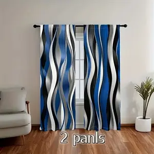 2-Piece Blue Striped Print Curtains, Home Decoration Curtain, Fashionable Rod Pocket Window Drapes for Bedroom & Living Room, Easy Installation