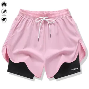 Women’s casual athletic pants featuring a faux two-piece design, solid color, inner lining, and an elastic drawstring waistband; suitable for outdoor fitness, running, sports, and casual wear; women’s shorts., Mid Waist, Polyester Fabric