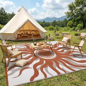 Bohemian Sun Pattern Outdoor Rug Double-Sided Reversible Plastic Straw Woven Washable Waterproof Foldable for Beaches RVs Balconies Patios Picnics absorbent rug