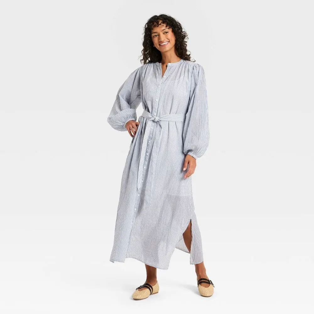 Women's Balloon Long Sleeve Collared Neck Maxi Shirtdress - Universal