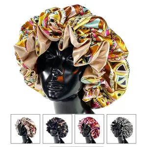 Women Satin Bonnet Cap Double Layer Silky Big Bonnet for Lady Printing Sleep Cap Head Wrap