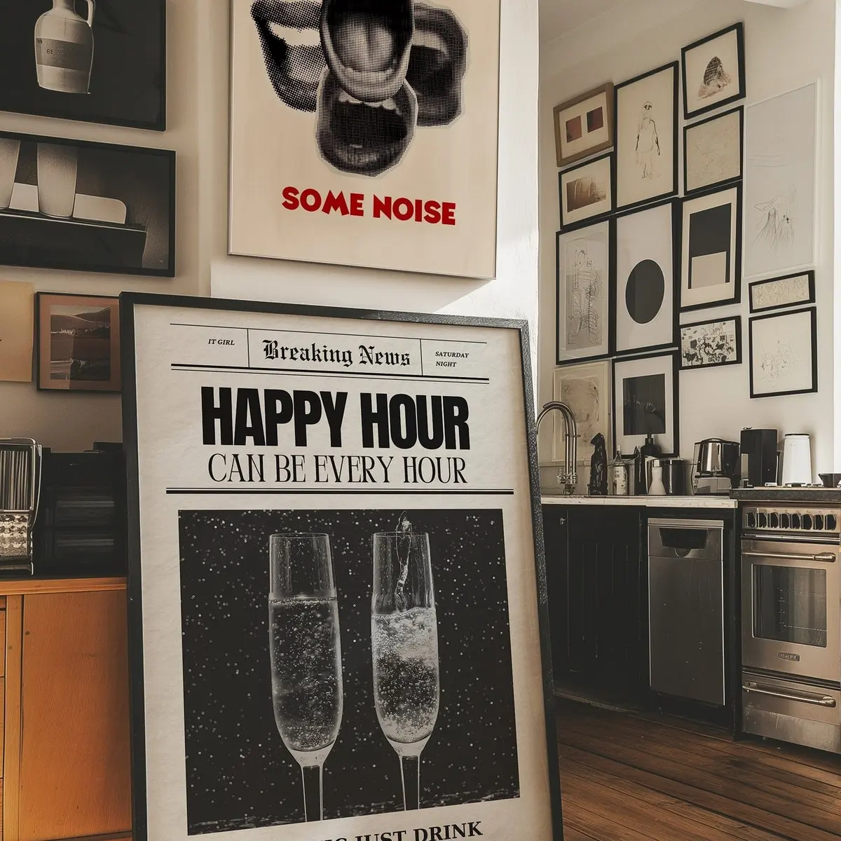 Retro Newspaper Happy Hour Print, Trendy Newspaper Poster, Bar Cart, Black And White Retro Wall Art, Dorm Room, Aesthetic Apartment Decor, Room Decor, Unframed
