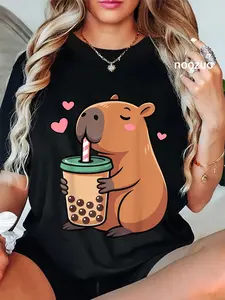 100% Cotton Unisex Cute Capybara Drink Bubble Tea Kawaii Capy Lover Men Women T-Shirt Casual Top