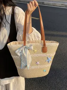 2026 Summer New Lace Patchwork Straw Tote Bag, Star Scarf Decoration, Large Capacity Casual Shoulder Bag, Daily Commute Backpack