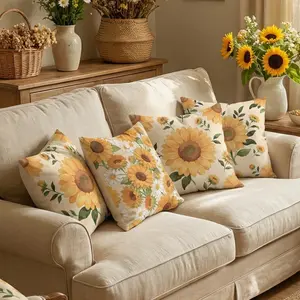 Set of 4 Decorative Spring Wreath Pillow Covers - Sunflower Floral & Daisy Pattern Linen Home Textile Cushion Case for Farmhouse Decor Room Bedroom Sofa Chair Car 0126YE