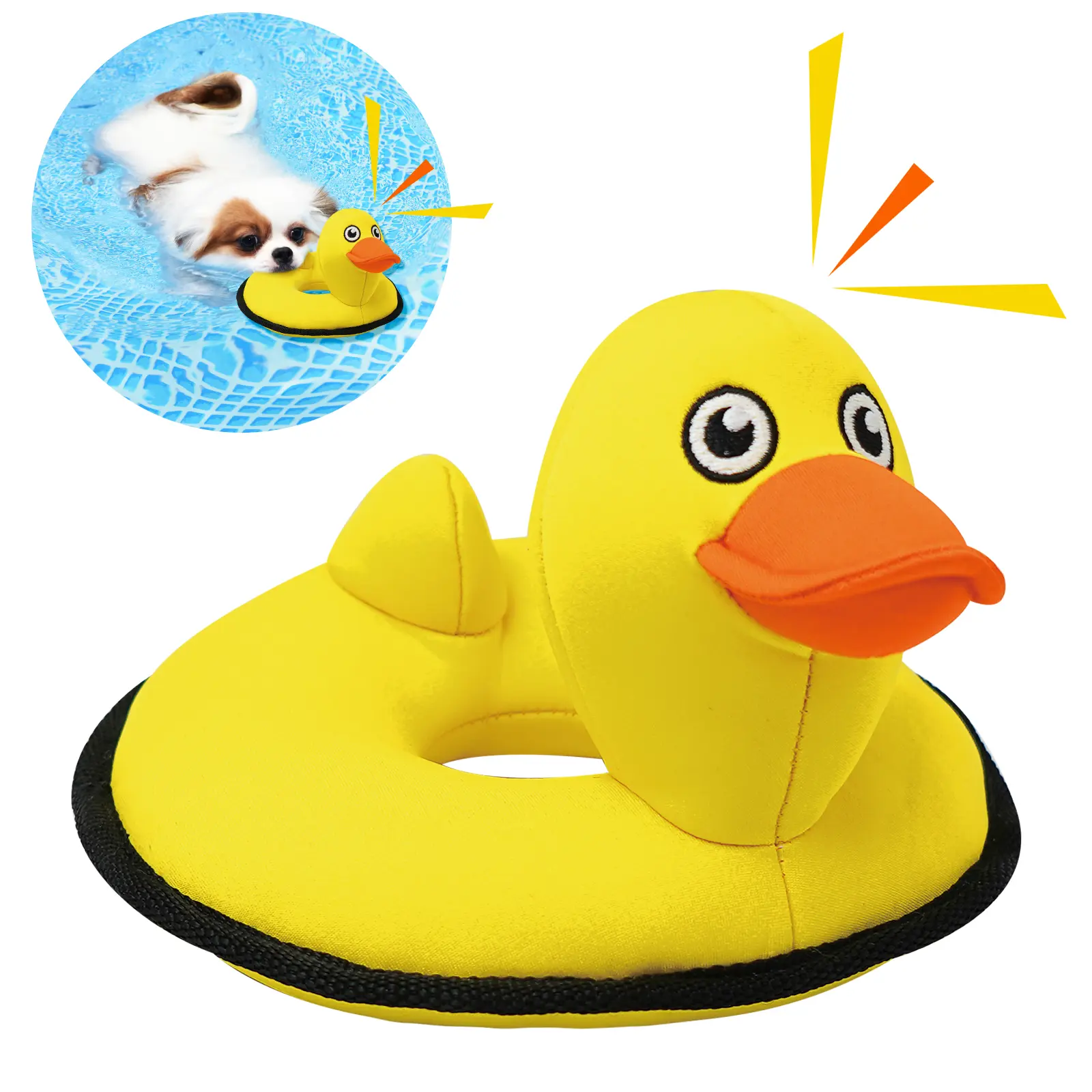 Lepawit Safe Fabric Floating Rubber Duck Dog Toy - Squeaky, 7.25in x 7.25in Swim Ring, Water Floats, Built-in Ringing Bell, Cooling Effect, Interactive Toy for Fun Enhancement, Indoor & Outdoor Play