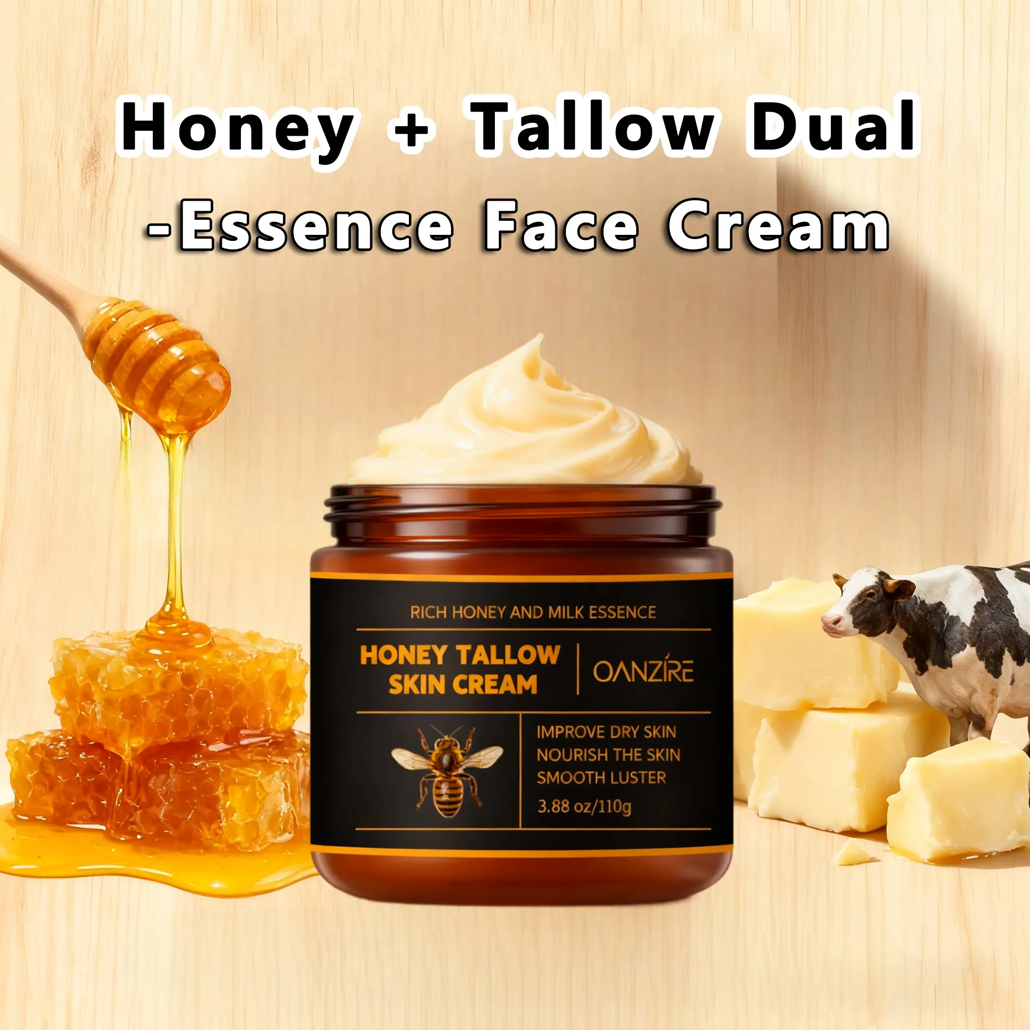 Non-Toxic Honey Tallow Hydration Balm - Firming Moisturizer for Adult Dry Skin with Niacinamide & Grass-Fed Tallow, Anti-Aging, Skin Repair, Barrier Repair & Enhanced Tone