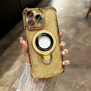 Four corners anti-drop plating metal magnetic bracket for iphone16 Pro Max 15 14 13 iPhone case silicone soft shell TPU+PC shockproof