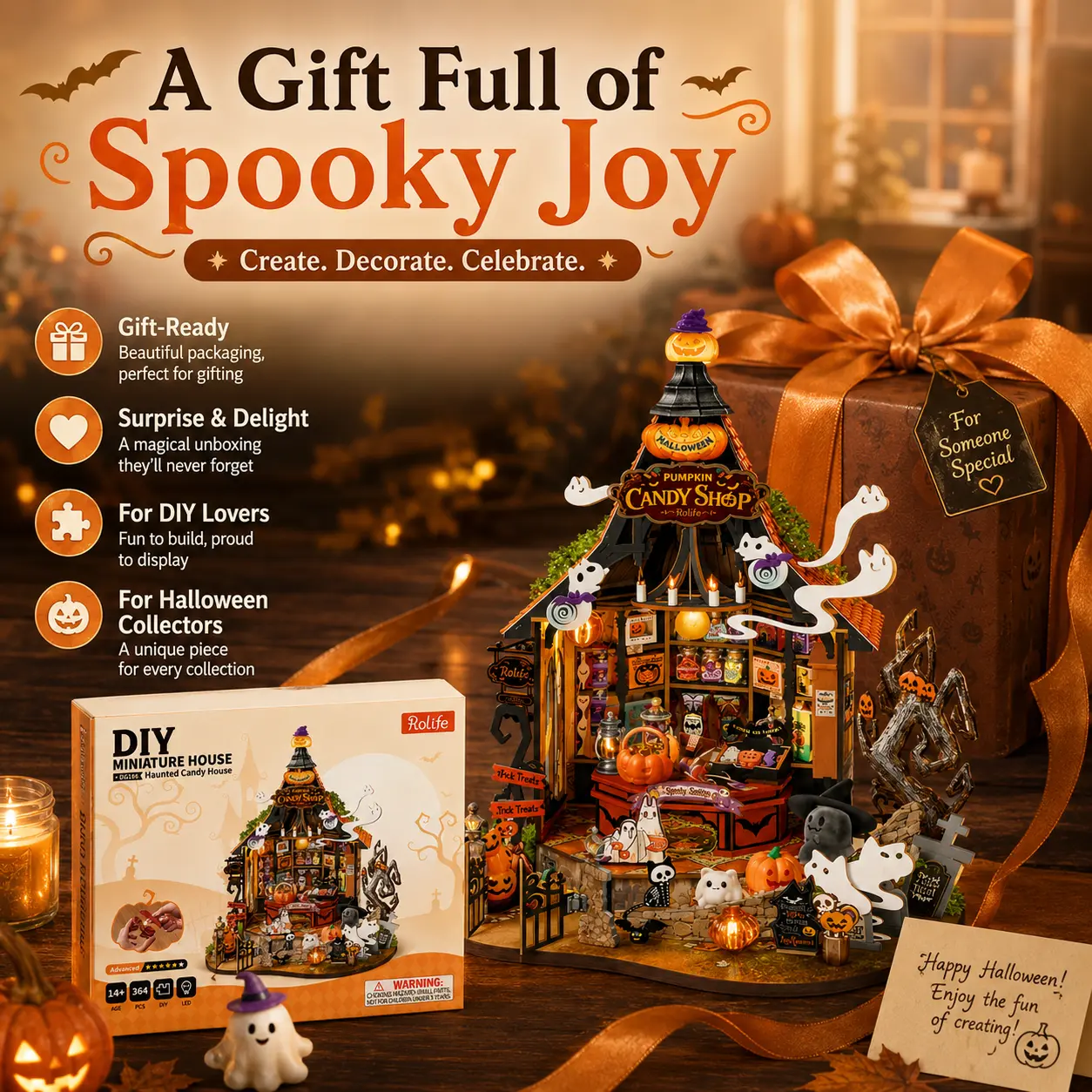 【Rolife 】DIY Miniature Haunted Candy House, Classic Novelty Stress Relief Toy for Hobbyists rubber band ball glitter