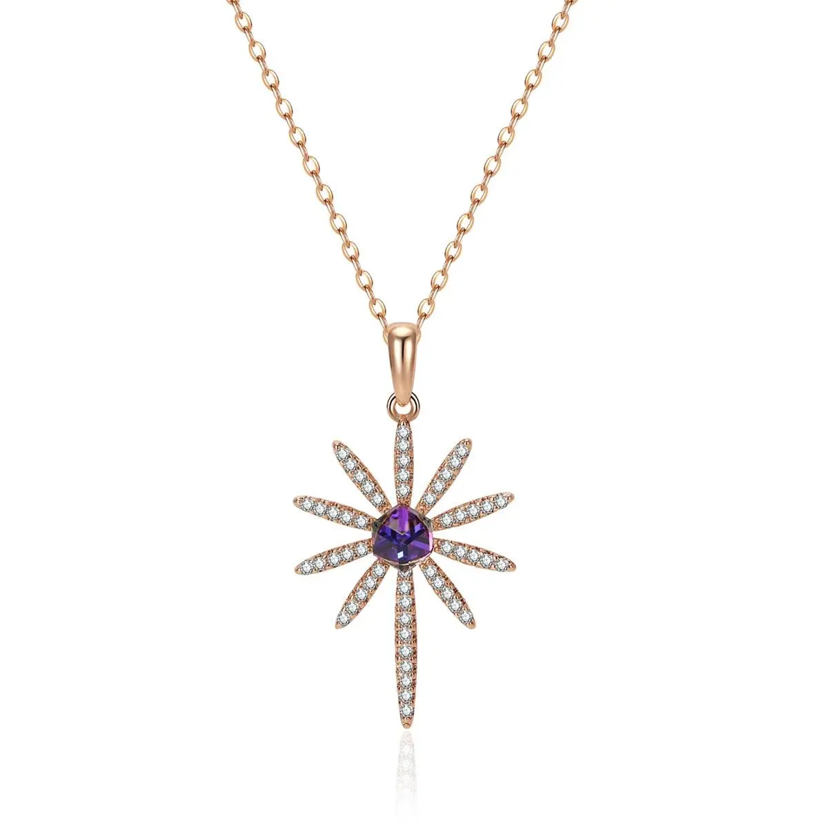Radiant Starburst Necklace in 18k Gold-Plated Metal with Amethyst-Colored Artificial Crystal