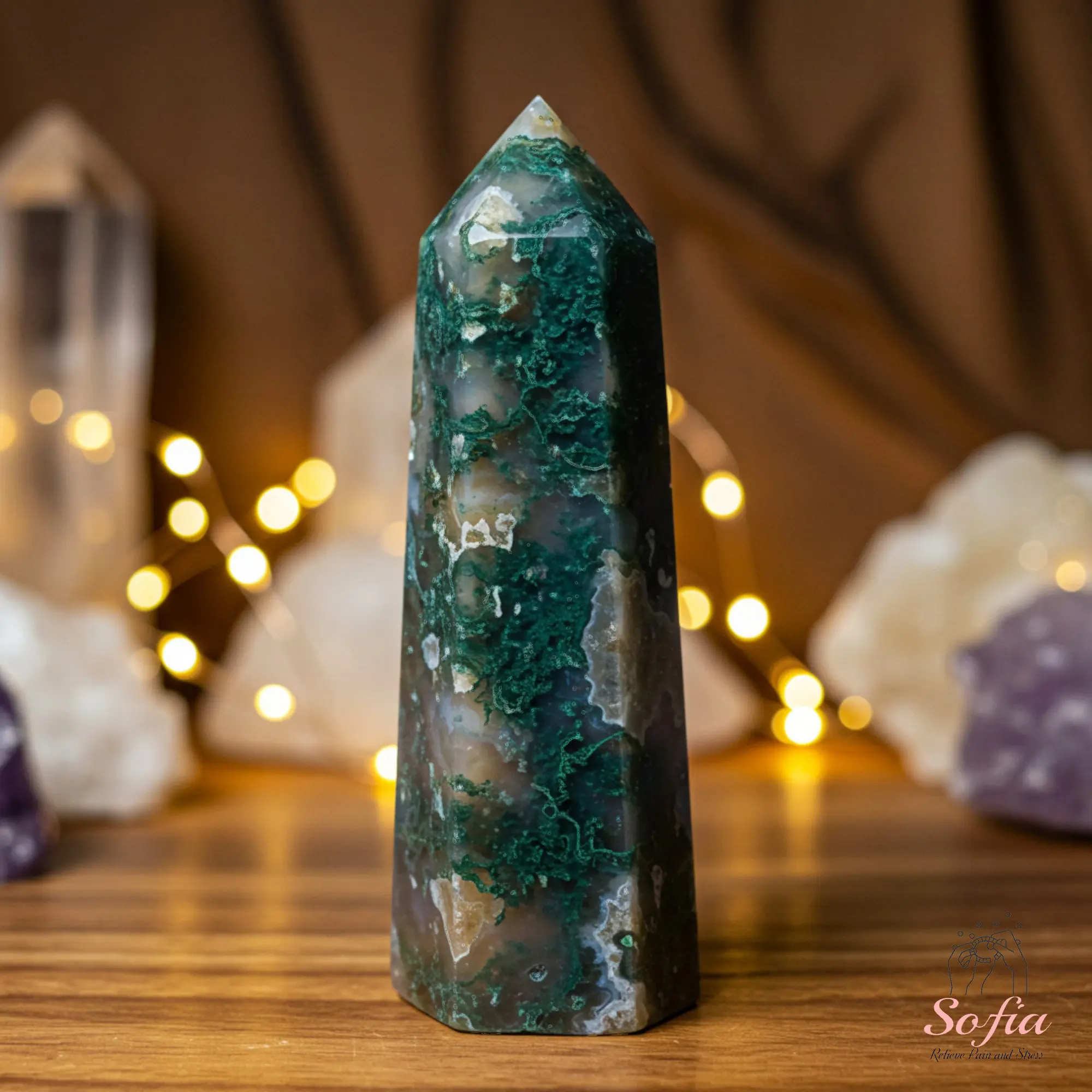 Natural Moss Agate Gemstone Crystal Tower Single-Point Wand Obelisk, Spiritual Tools, Green Agate Mineral Specimen for Home Desk Meditation Decoration Gift