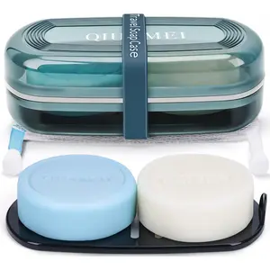 Shampoo Bar Holder and Soap Case Leakproof Travel Container with Lid & Drain Tray Includes Silicone Strap and Mesh Soap Bag for Bathroom Shower Camping Gym Travel Blue Large
