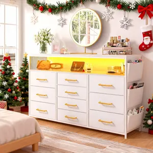 【24H Online Help-GlowUp】Raybee 10-Drawer Vanity LED Dresser with Side Pockets & Hooks, Modern Storage Cabinet with Wood Top, Fabric Drawers with Metal Frame, Space Saving Organizer for Small Apartments, Bedrooms, Dorm, Cute Cozy Home Decor,Easy Assembly