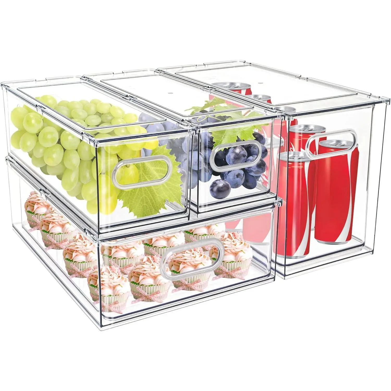 4-Pack Multi-Size Transparent Plastic Stackable Pull-Out Fridge Drawers with 3 Dividers & Pull-Out Handle - Storage Organization Solution for Refrigerator, Cabinet, Closet, Countertop (2L, 2S+1L, 4S Options) for Berries, Veggies