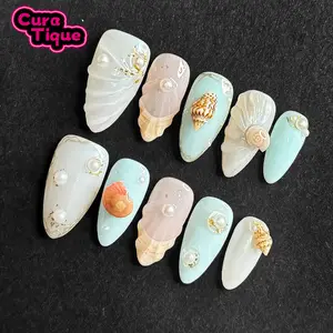 CuraTique | Blue Conch Shell 10PCS Handmade Press On Nails REUSABLE 3D Gel spring/summer 2025 / Prom