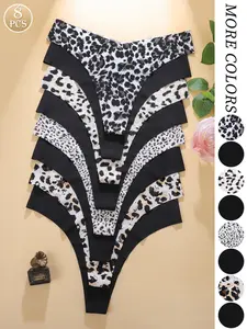 Women's Plain & Leopard Print Panties, Comfortable Smooth Skin-Friendly V-Shape Pull-Up Waist Design, Seamless Sports Underwear Fit, 8-Pack