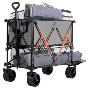 Folding Double Decker Wagon with Brakes, 54" Extra Long Extended Cart, Equipped with 7" All-Terrain Big Wheels for Camping, Sports，Gray
