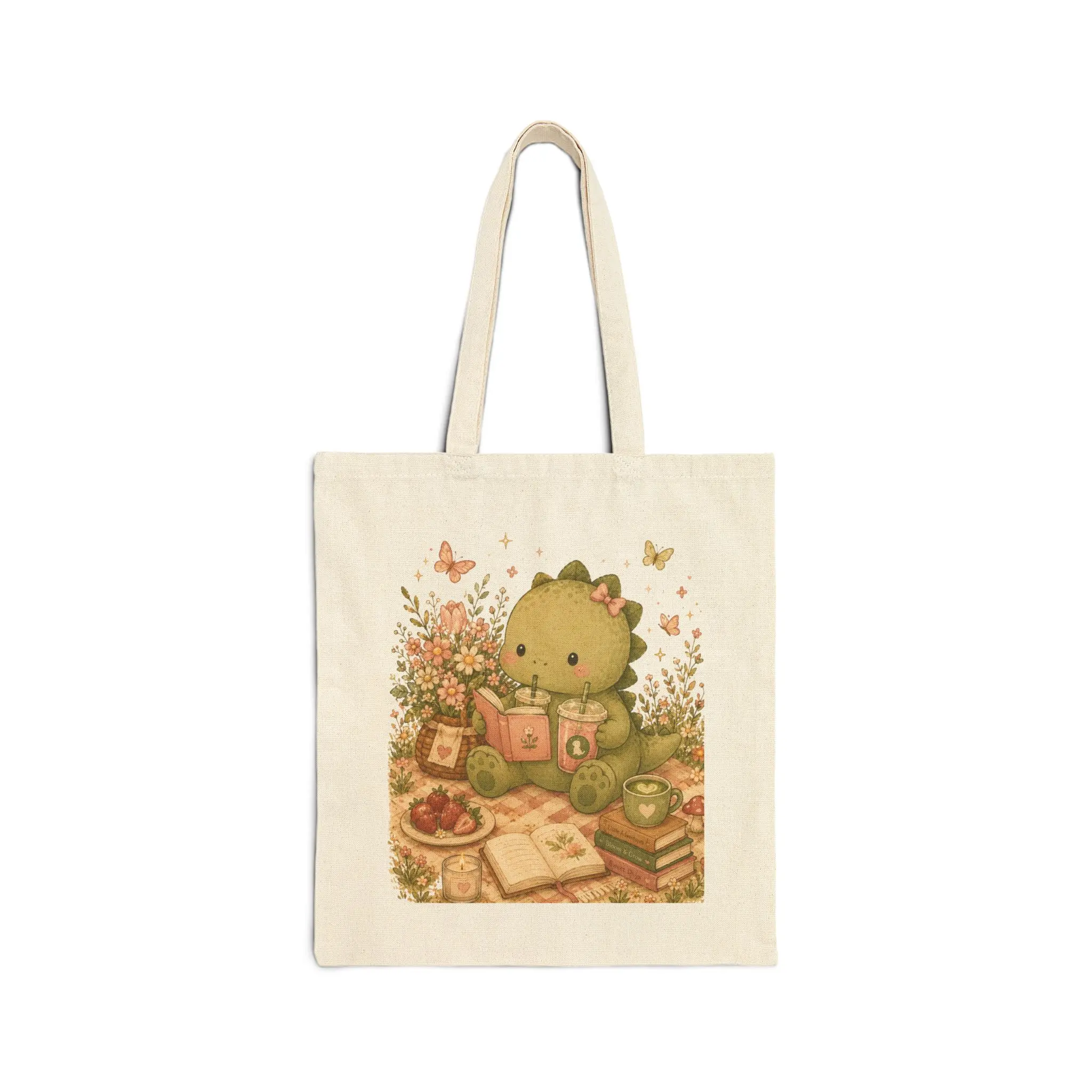 Women's Kawaii Dinosaur Canvas Tote Bag - Casual, Lightweight Open-Top Shopper with Double Handles for School, Market