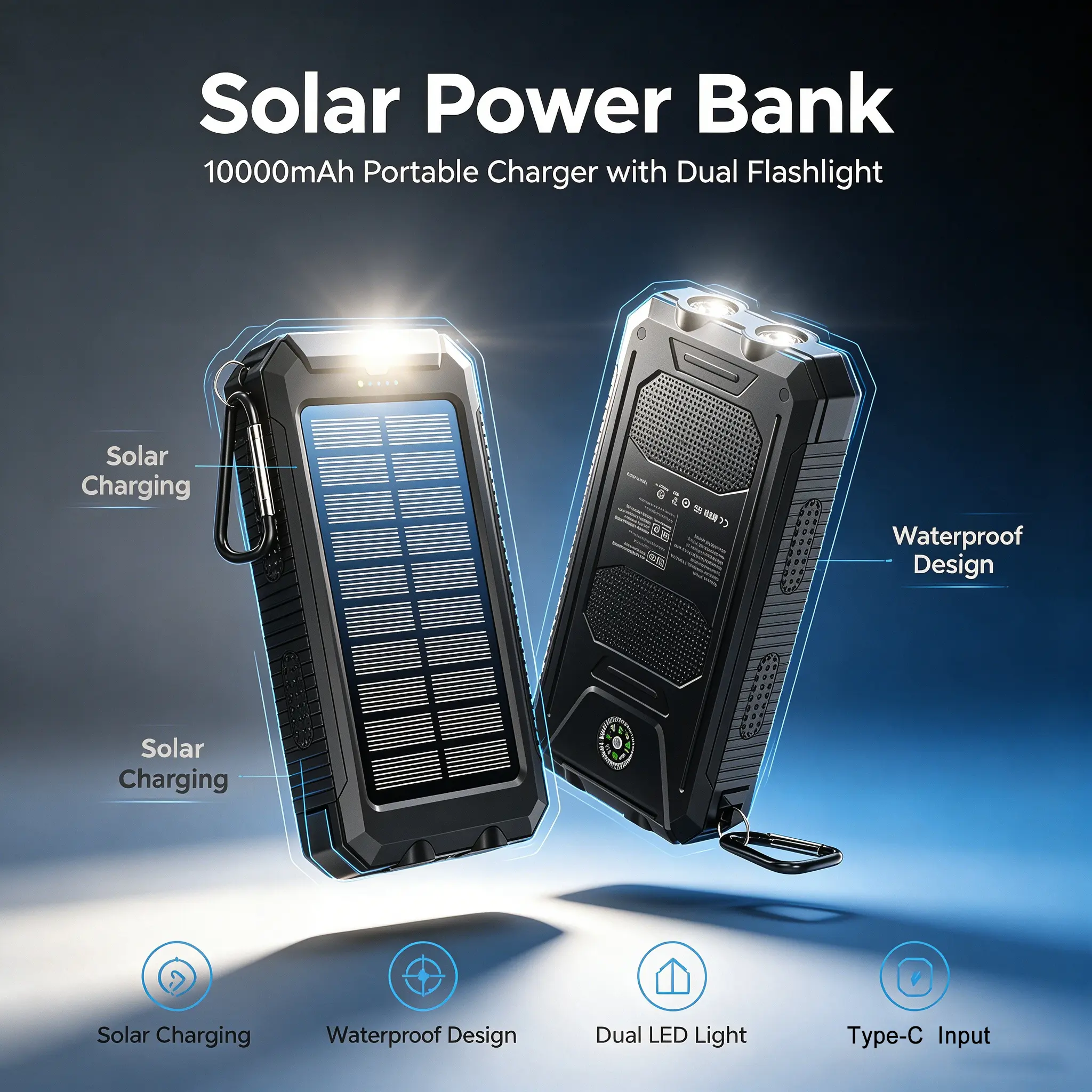 10000mAh Solar Battery Power Bank, Portable Charger with Dual Flashlight, Waterproof Design and Type-C Input