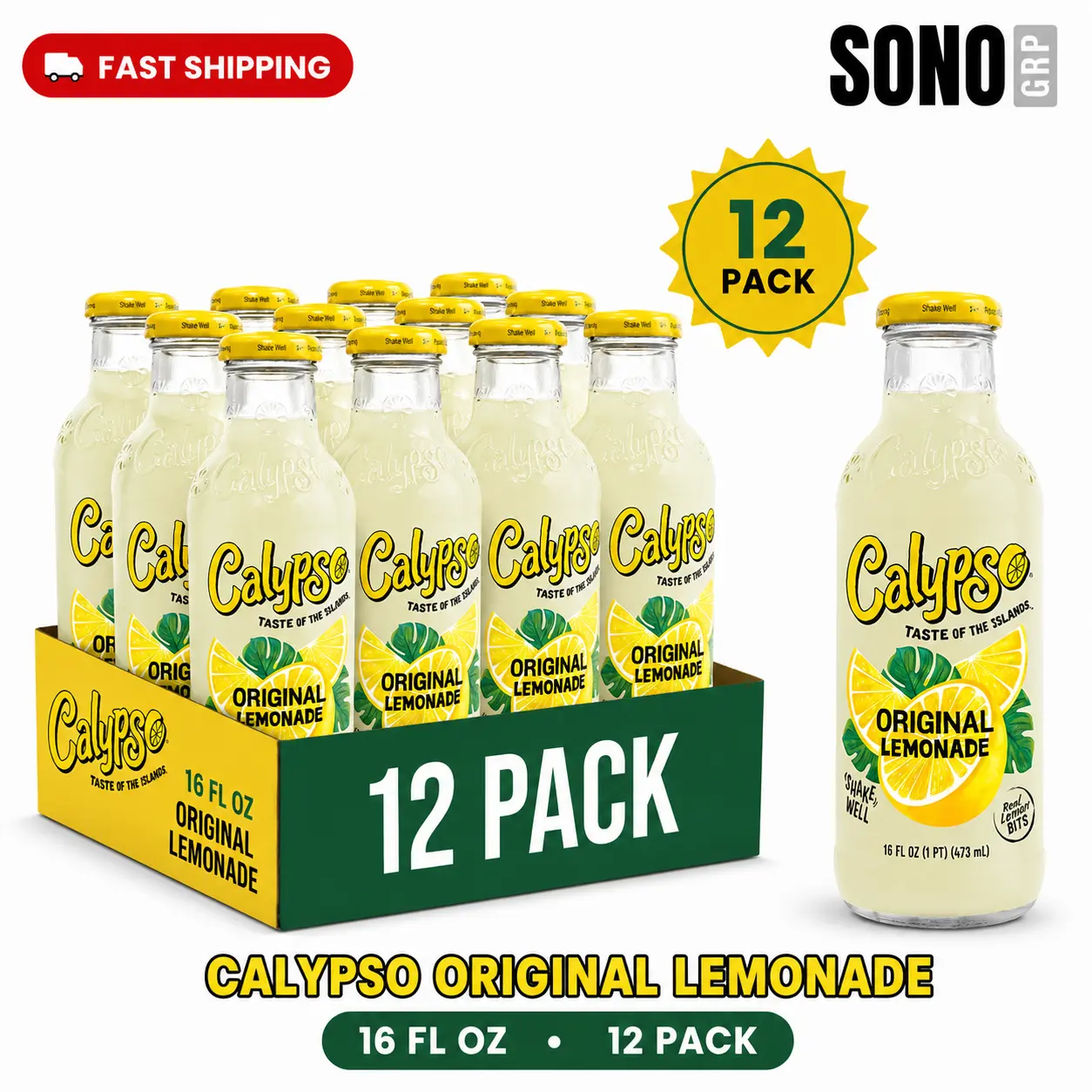 Calypso Lemonade, Original Lemonade, Made with Real Fruit, 16 Fl Oz Glass Bottles (Pack of 12)