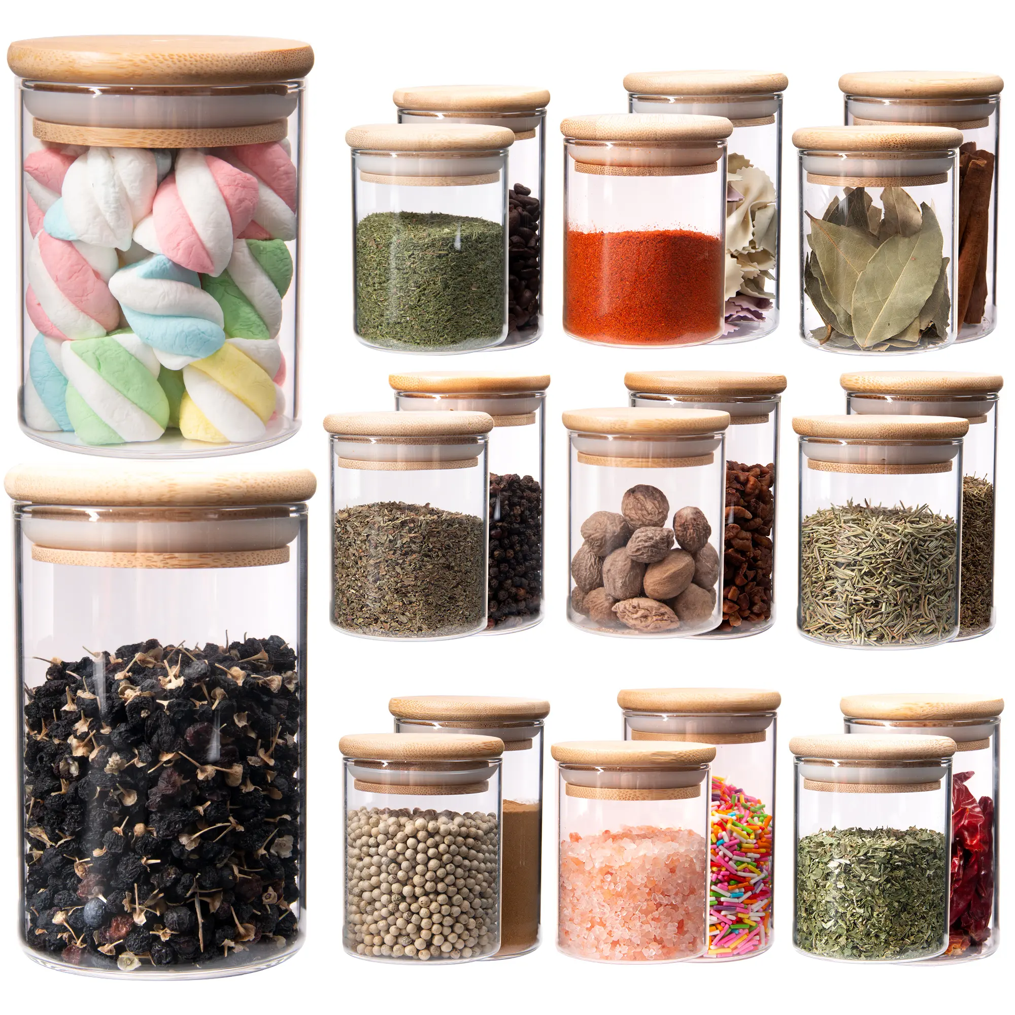 20 pack Airtight Glass Storage Canister with bamboo Lid, Clear Food Storage Container Jar, for Noodles Flour Cereal Rice Sugar Tea Coffee Beans Tin Kitchen Utensils