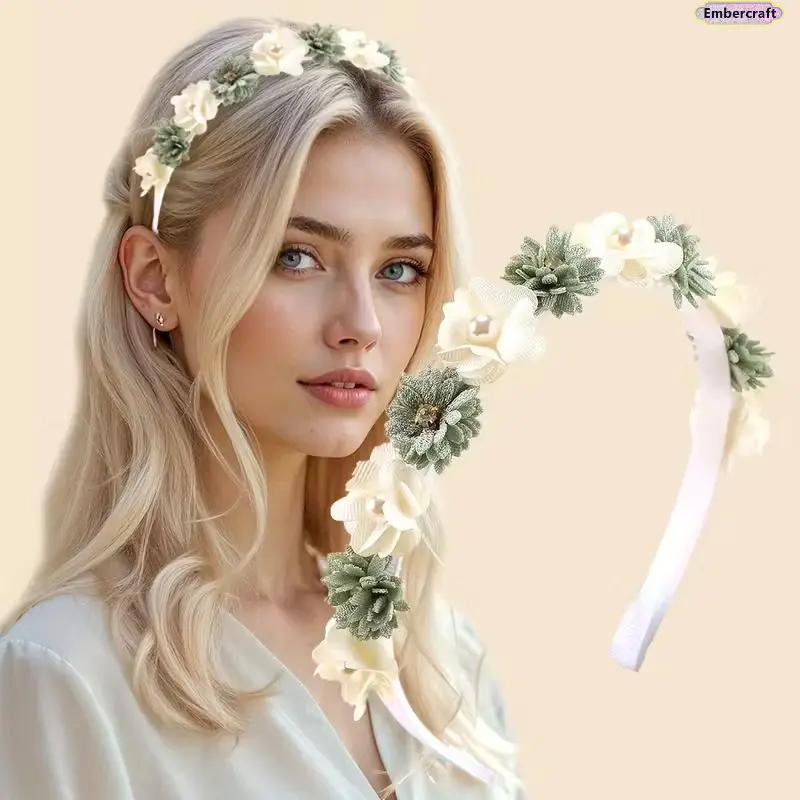 Women's Floral Crown Headband - Boho Artificial Flower Ornamental Bridal Headband, Fairycore-Cottagecore Aesthetic Hair Accessory for Weddings, Photoshoots, Special Occasions (Floral Daisy Design Included), Bridal Headbands, Crown Headbands