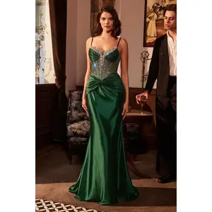 Ladivine CD752 Dress Fitted Satin Emerald Green Embellished Gown with Beaded Neckline & Thin Straps for Formal Occasions