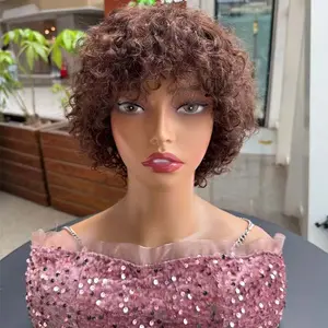 Chocolate Brown Color Short Curly Wig Glueless Wigs  with Bangs Wear To Go Short Curly Human Hair Wig for Women 180 Density Brazilian Virgin Human Hair Glueless No Lace Machine Made Wig