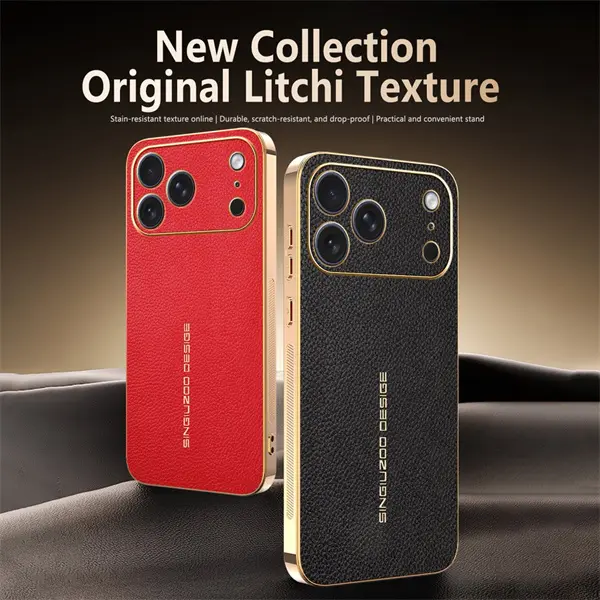 Electroplated leather-look case with lychee texture, classic business style, drop-resistant protective case for iPhone 17 Pro Max/16/15/14