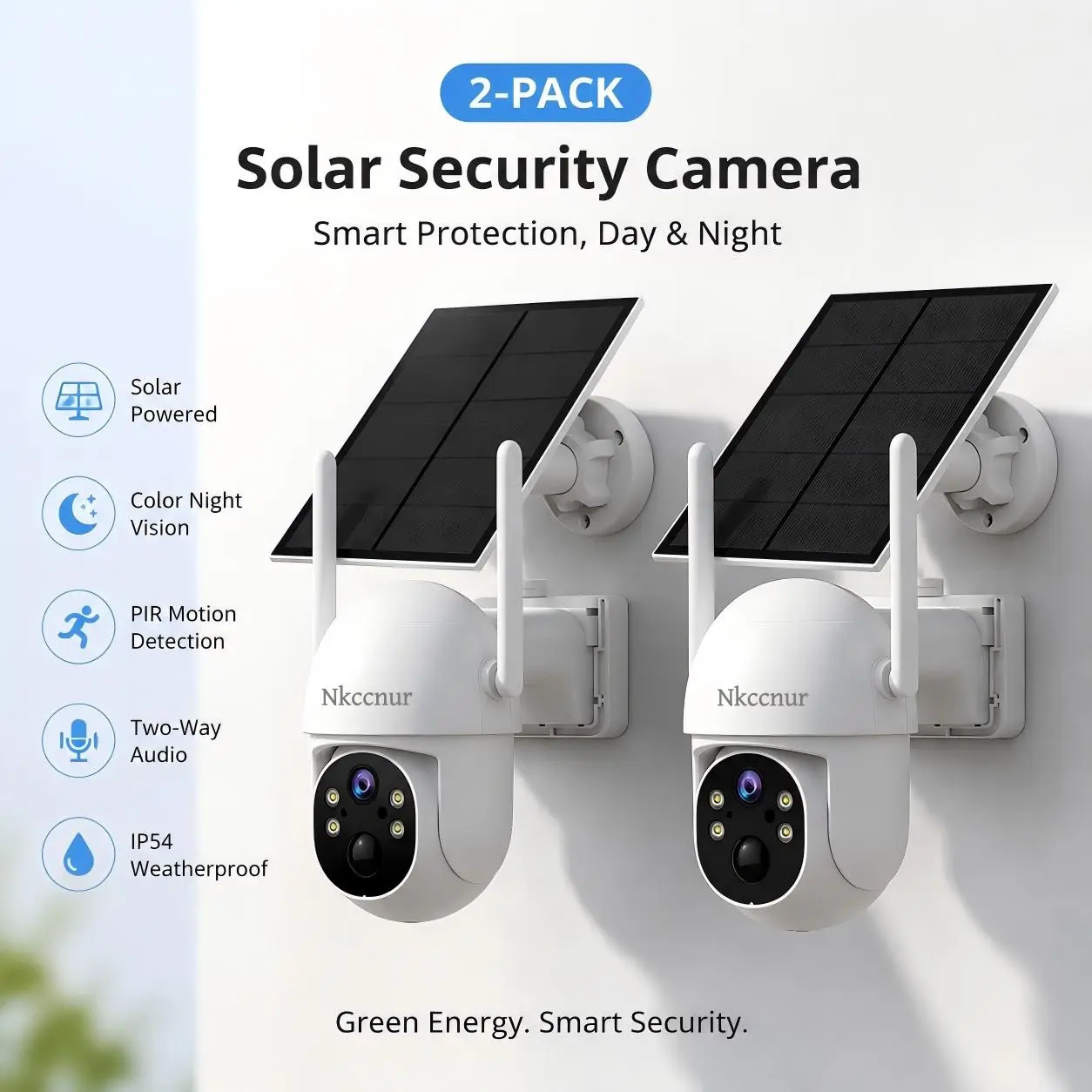 NKCCNUR 2pcs Solar‑Powered Security Camera, Supports 2.4GHz Wi‑Fi, 360° Panoramic View, Solar/Battery Powered. 2.5K HD Resolution, AI Human Detection, Full‑Color Night Vision, IP54 Waterproof, and New Customers Enjoy One Year of Free Cloud Storage.