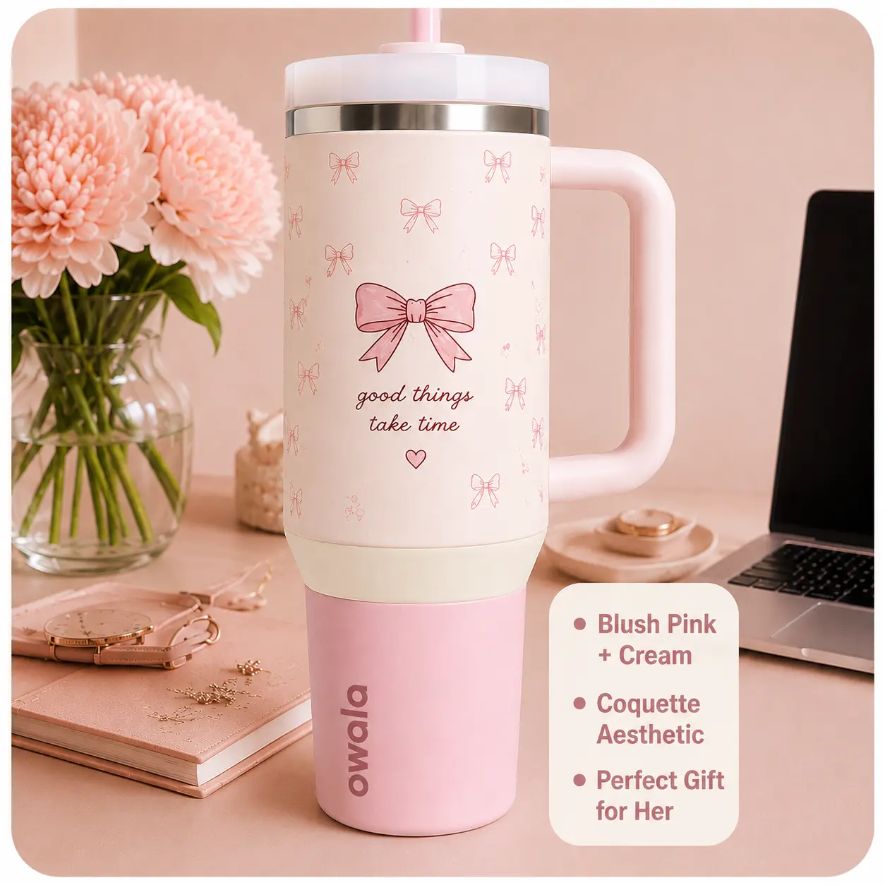Owala 40oz Blush Pink & Cream Coquette Aesthetic Tumbler with "Good Things Take Time" Quote Perfect Gift for Her