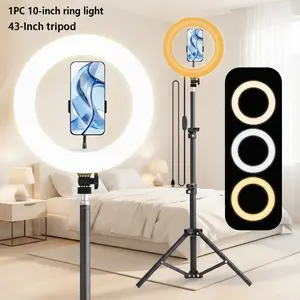 10-Inch/26cm Selfie Video Light with 43.3-Inch Extendable Tripod Stand & Phone Holder for Video Recording Makeup TikTok Photography Adjustable LED Circle Lighting Setup#valentines day#SummerVibes