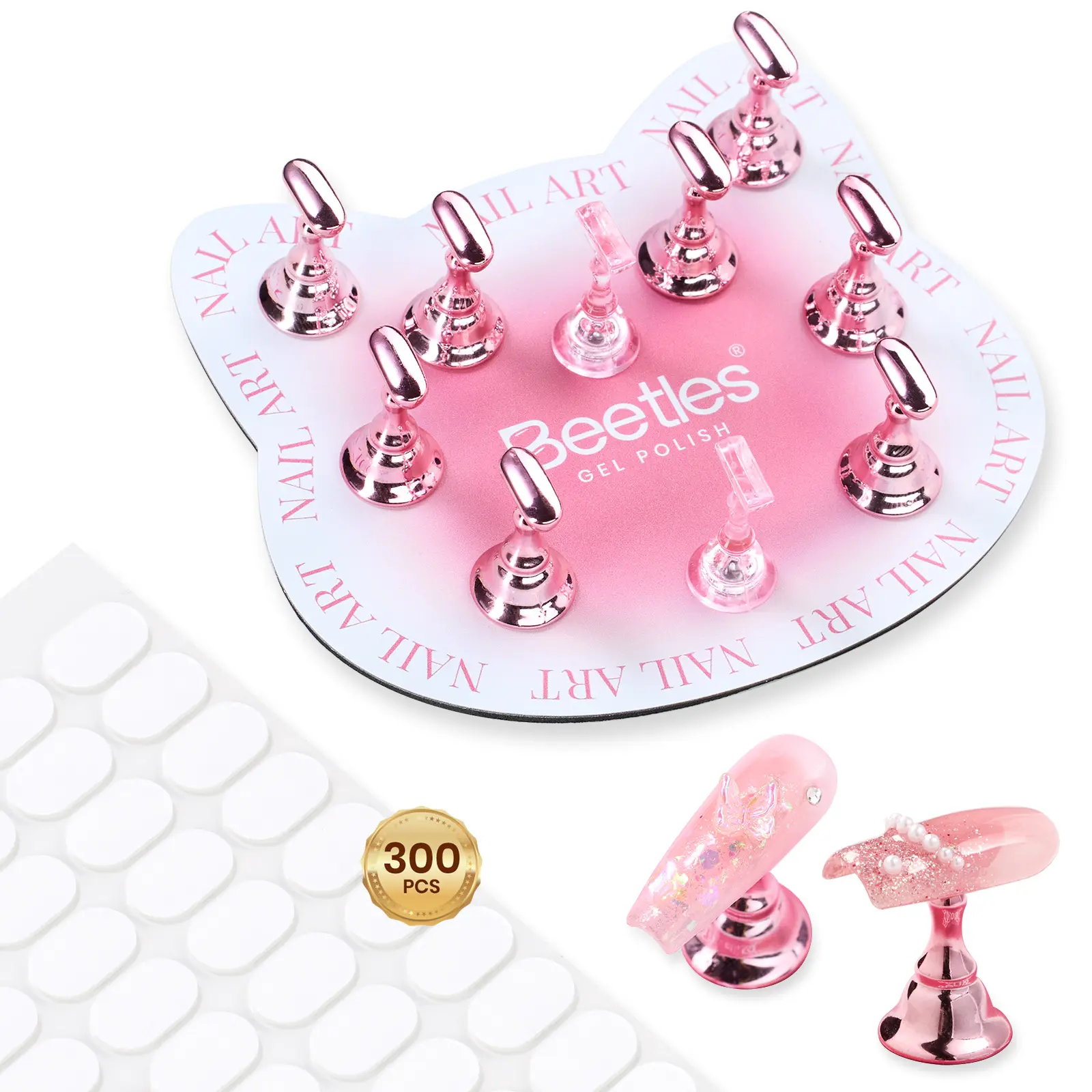 Beetles Nail Stand for Press On, Magnetic Nail Holder for Nail Art Painting | Nail Practice Stand Set Pink Cat Head Shape Metal Base&300pcs Tape for False Nail Design Beginner Practice Home DIY Salon