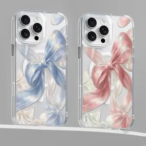 Magnetic for iPhone 16/15/14/13/12/11 Xs Pro Max Plus Case, Bow Case Compatible with MagSafe,for Samsung S22/S23/S24/S25/PLUS/ULTRA/FE,Wireless Slim Clear Ribbon Aesthetic Phone Case Anti-Yellowing Shockproof Protective Cover for Women Girl - Pink