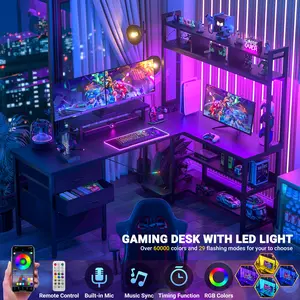 Cyclysio L Shaped Desk with Hutch, Gaming Desk with Led Lights, Reversible Computer Desk with Power Outlet, Corner Desk with File Drawer & Monitor Stand, Storage Shelves for Home Office