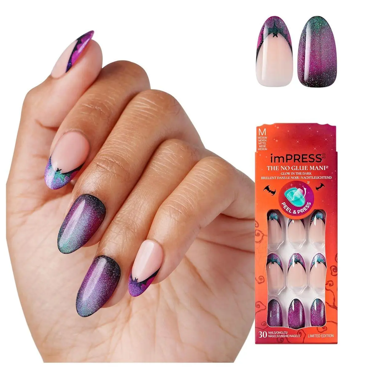imPRESS Halloween Press On Nails Almond, ‘Deja-vu’, Purple, Medium, Magnetic Powder Effect, No Glue, Glow-In-The-Dark, Includes Prep Pad, Mini Nail File, Manicure Stick & 30 Fake Nails