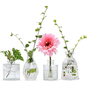 Glass Bud Vases Set of 4,Small Flower Vases for Wedding Centerpiece Table Decorations,Clear  Embossed Mini Vases,Flower Arrangements in Vases for Party or Home Decor